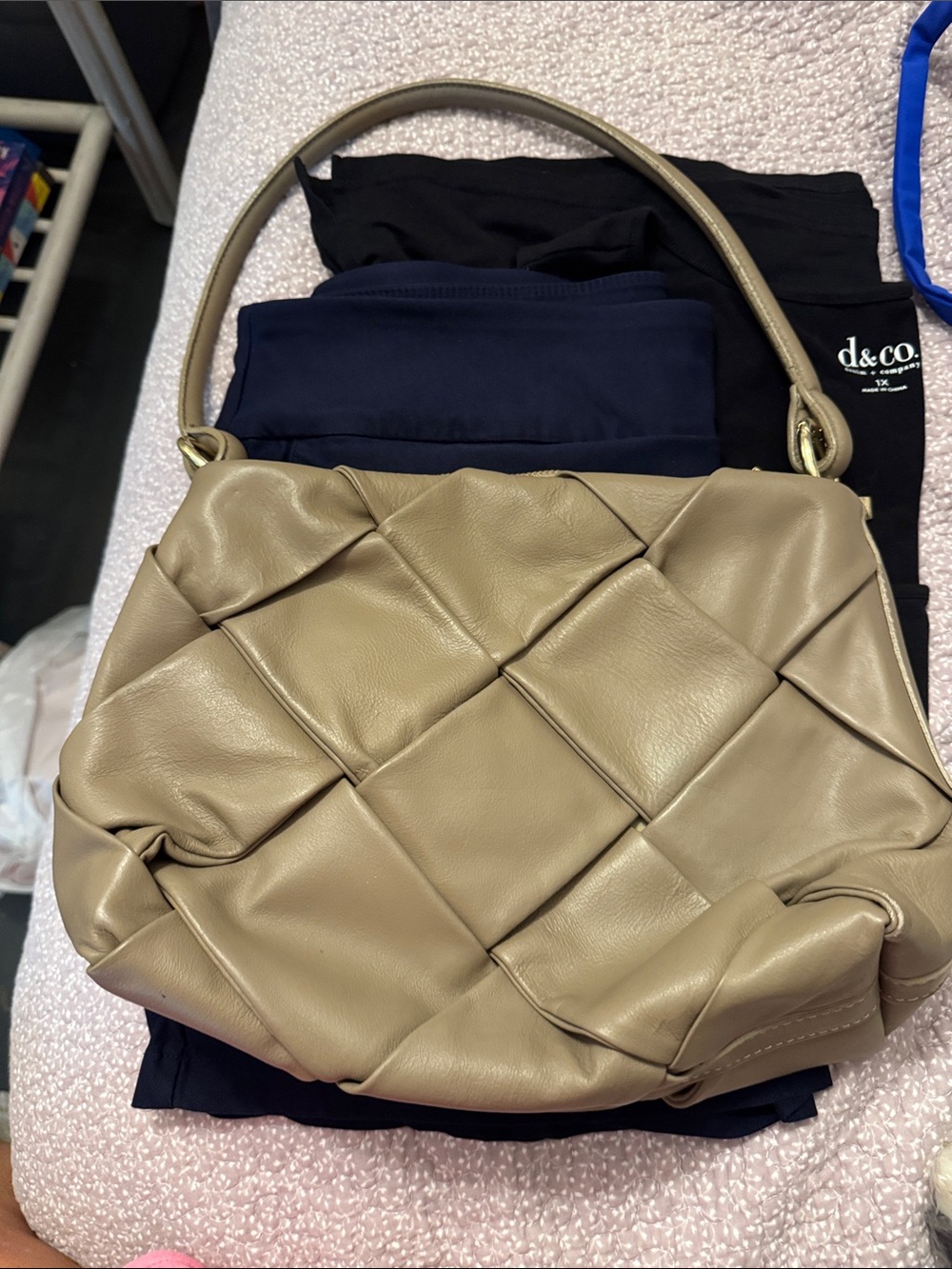 Valentina, Fiore Italian, leather Taupe Padded Woven Leather Shoulder Bag